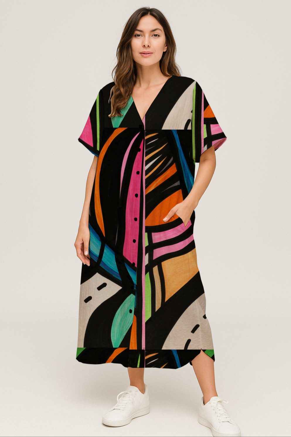 Short-Sleeve Button-Front V-Neck Midi Dress