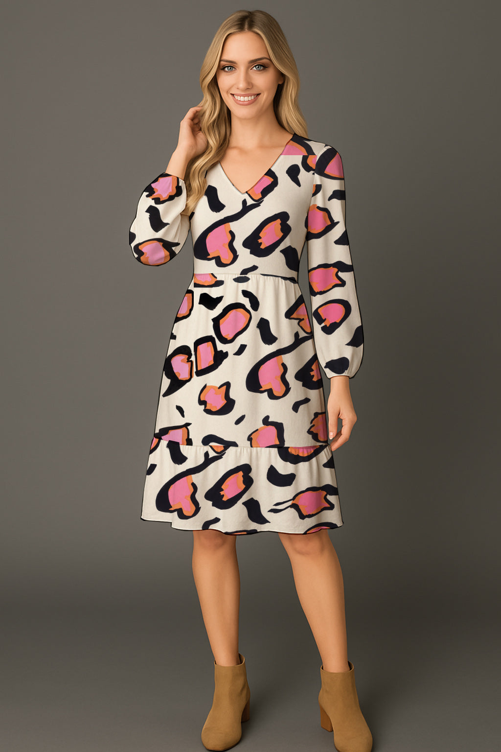 Long-Sleeve V-Neck Tiered Midi Dress -Debbie Jubrail