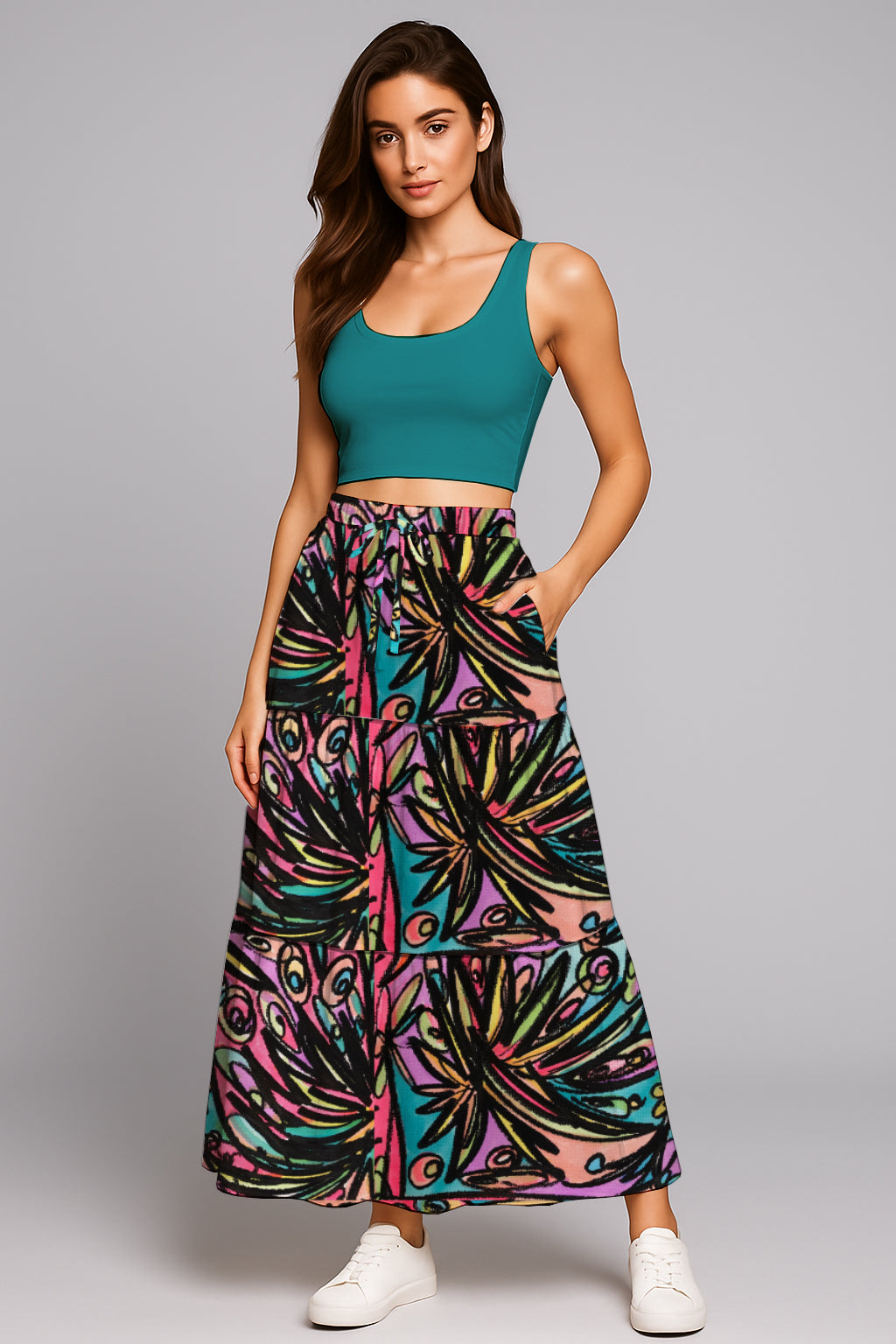 Women’s Drawstring Maxi Skirt- with Art Print - Debbie Jubrail