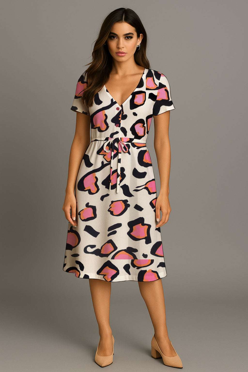 Short-Sleeve V-Neck Button-Front Drawstring Midi Dress- Debbie Jubrail