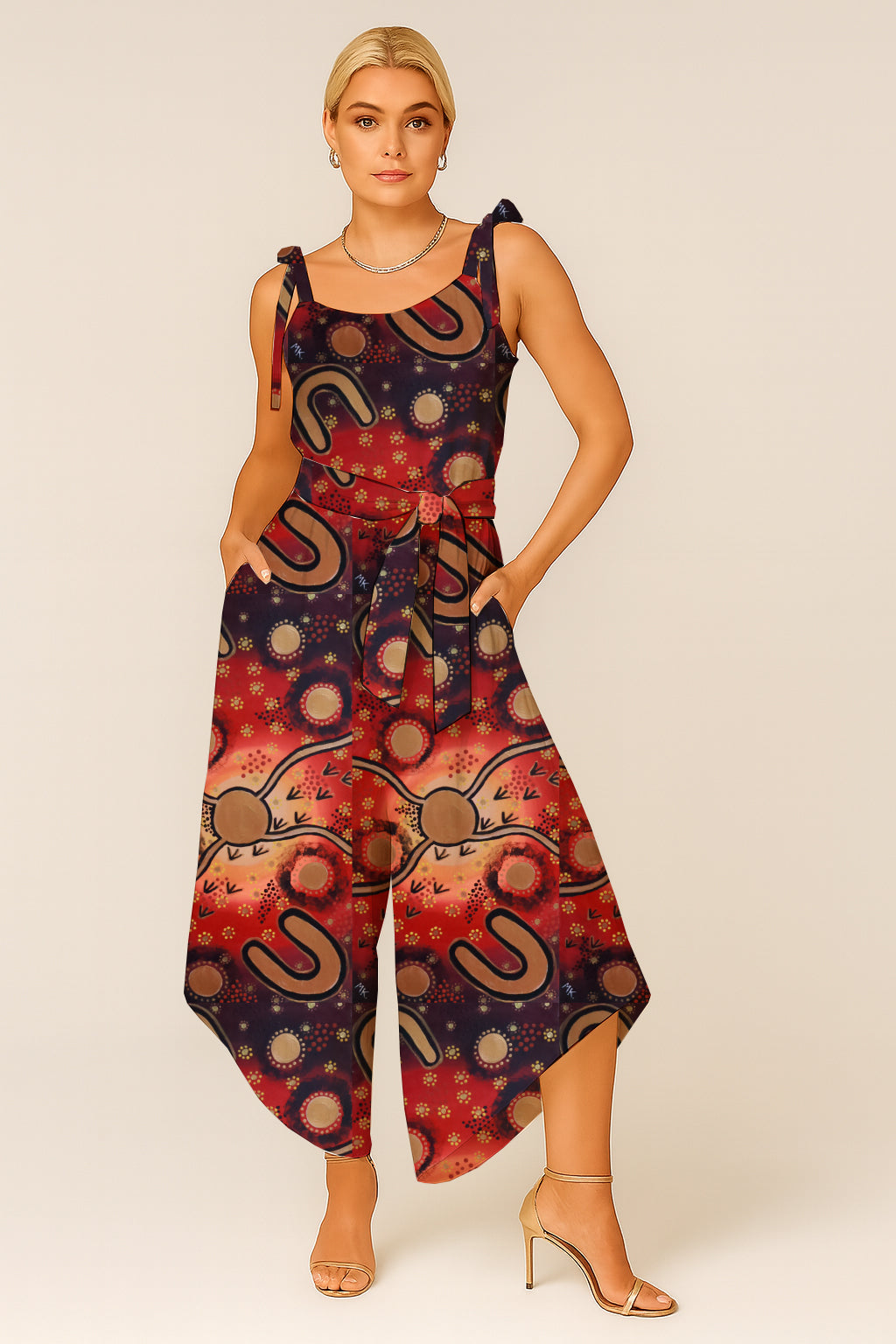 Women's Tie-Shoulder Wide-Leg Jumpsuit with Aboriginal Art Print - Megan Kennedy