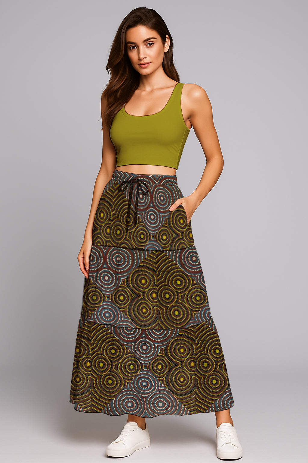 Women’s Drawstring Maxi Skirt- with Aboriginal Art Print - Zara Newell