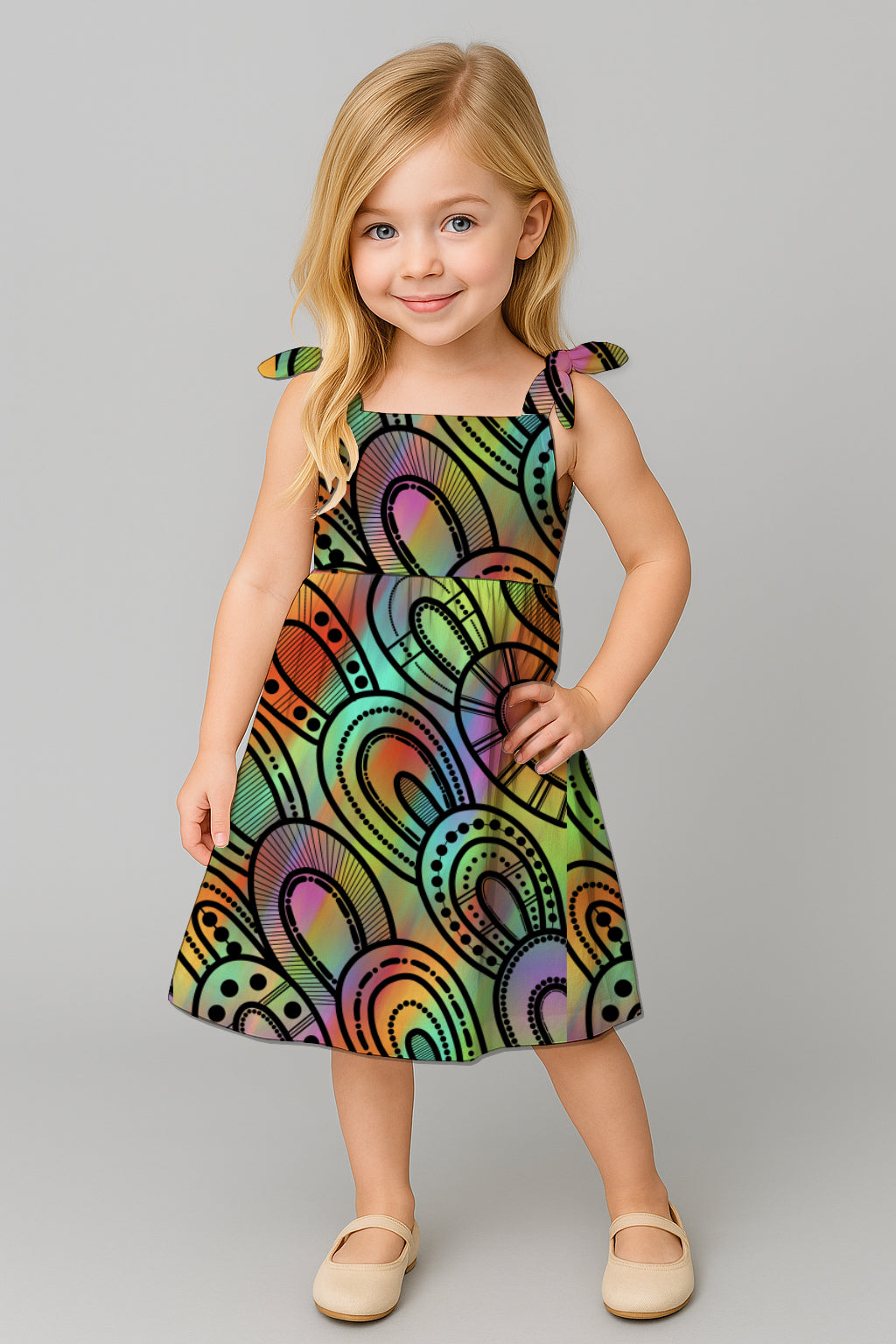 Girls' Tie-Shoulder A-Line Dress with Aboriginal Art Print- kara Karanfilovski