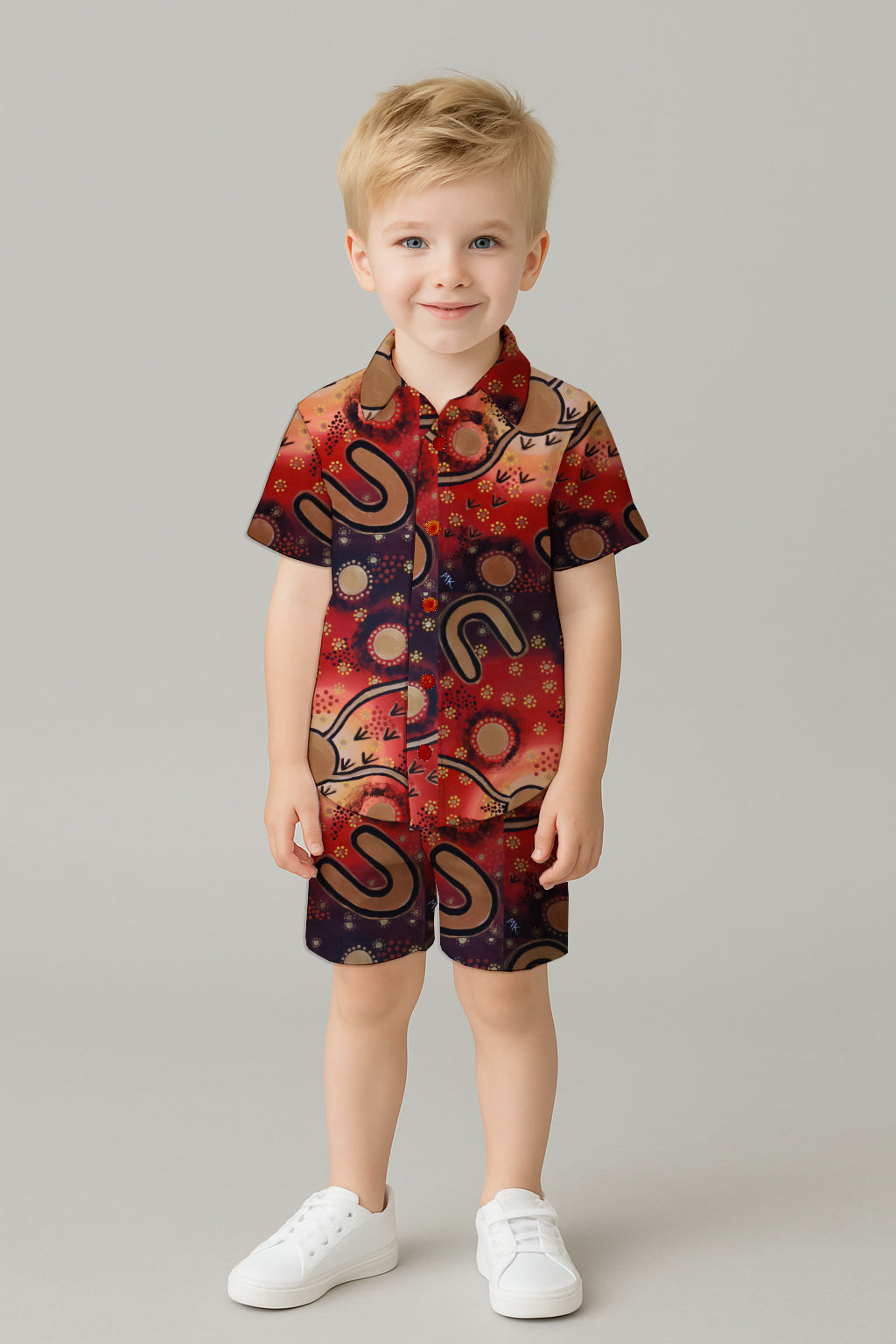 Boys' Short Sleeve Shirt & Shorts Set -with Aborginal Art Print- Megan Kennedy