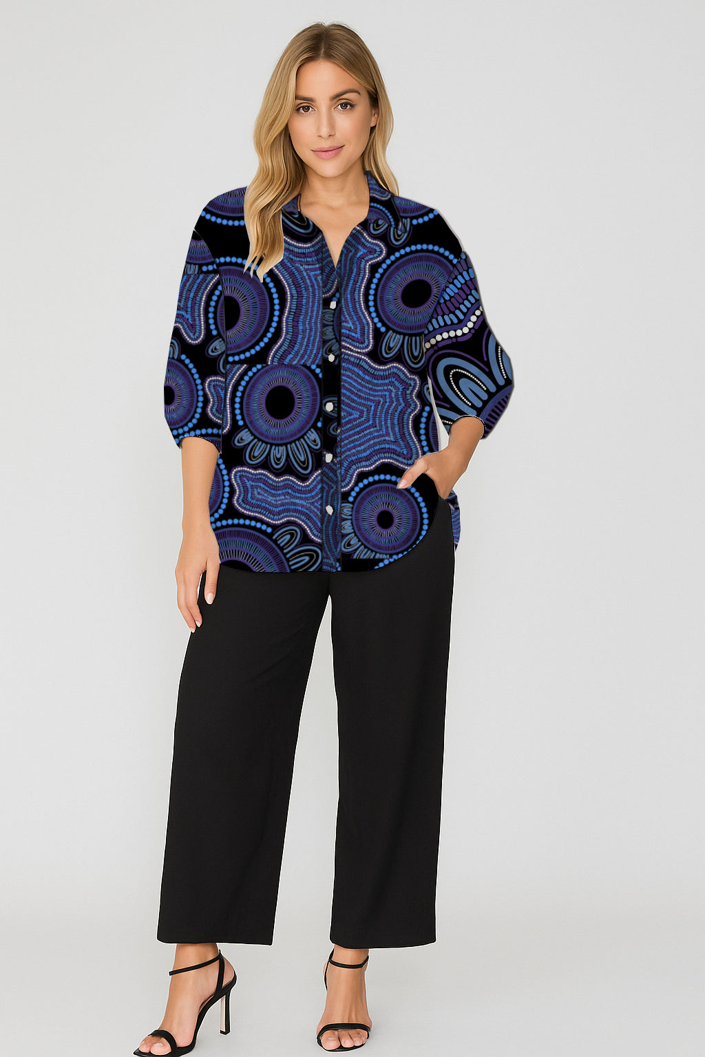 Button-Down Shirt – Relaxed Fit with Aboriginal Art Print- Kara Karanfilovski