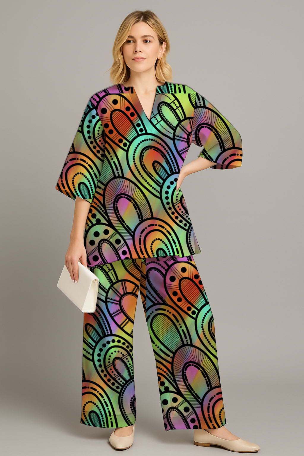 Women's Relaxed Tunic & Wide-Leg Pants Set- with Aboriginal Art Print-Kara Karanfilovski