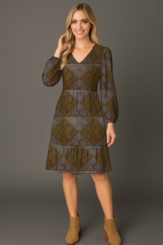 Long-Sleeve V-Neck Tiered Midi Dress with Aborginal Art Print - Zara Newell