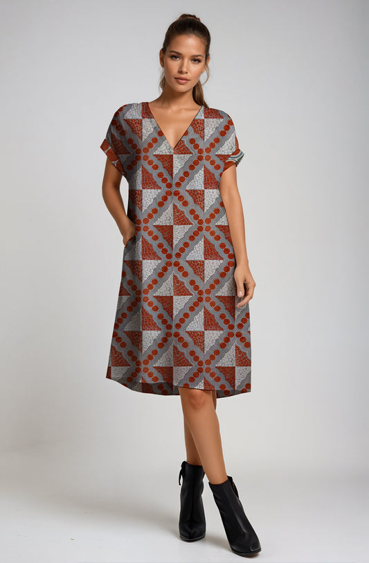 L A-line V-neck Dress  with Aborginal Art Print-Emily Mbitjana