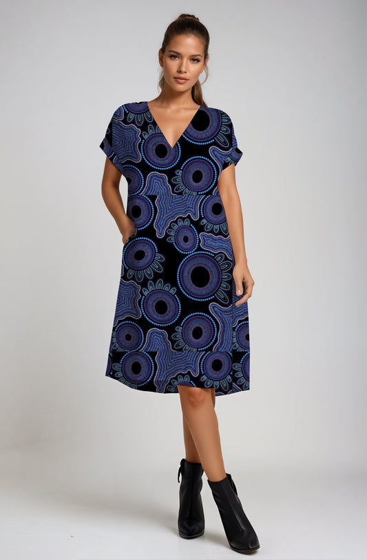 line V-neck Dress with Aborginal Art Print - Kara karanfilovski
