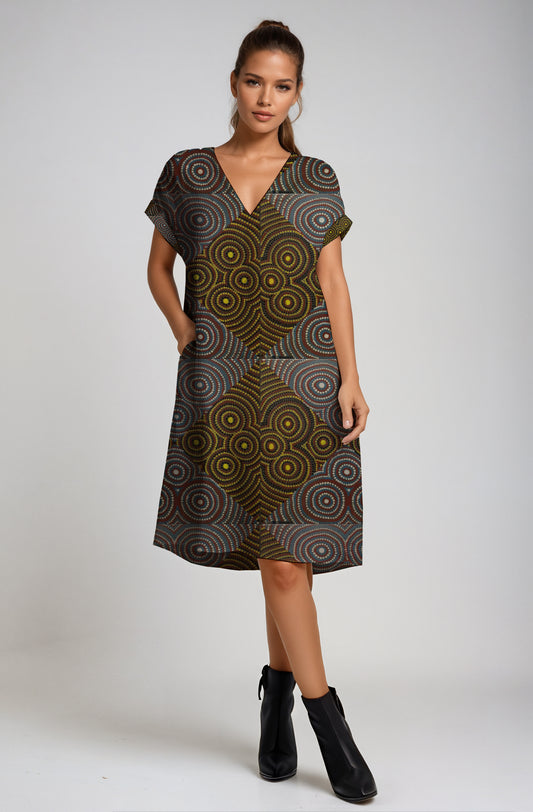 L A-line V-neck Dress with Aborginal Art Print -Zara Newell