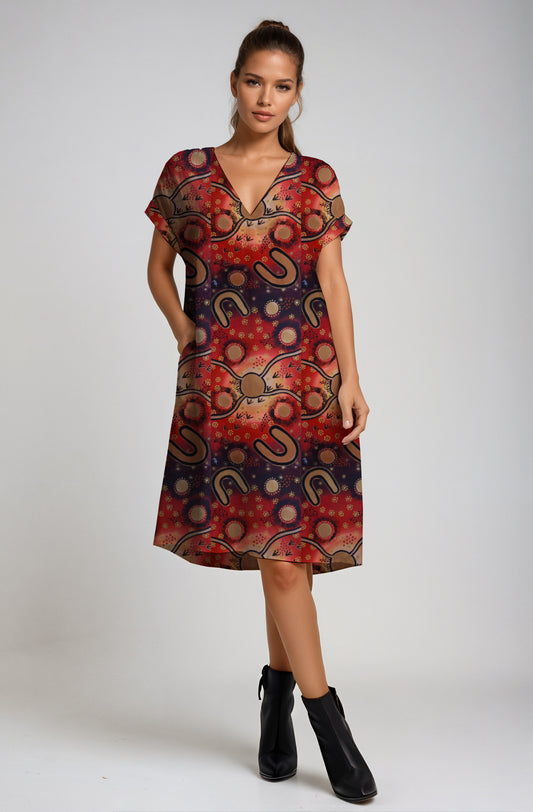L A-line V-neck Dress with Aborginal Art Print - Megan Kennedy