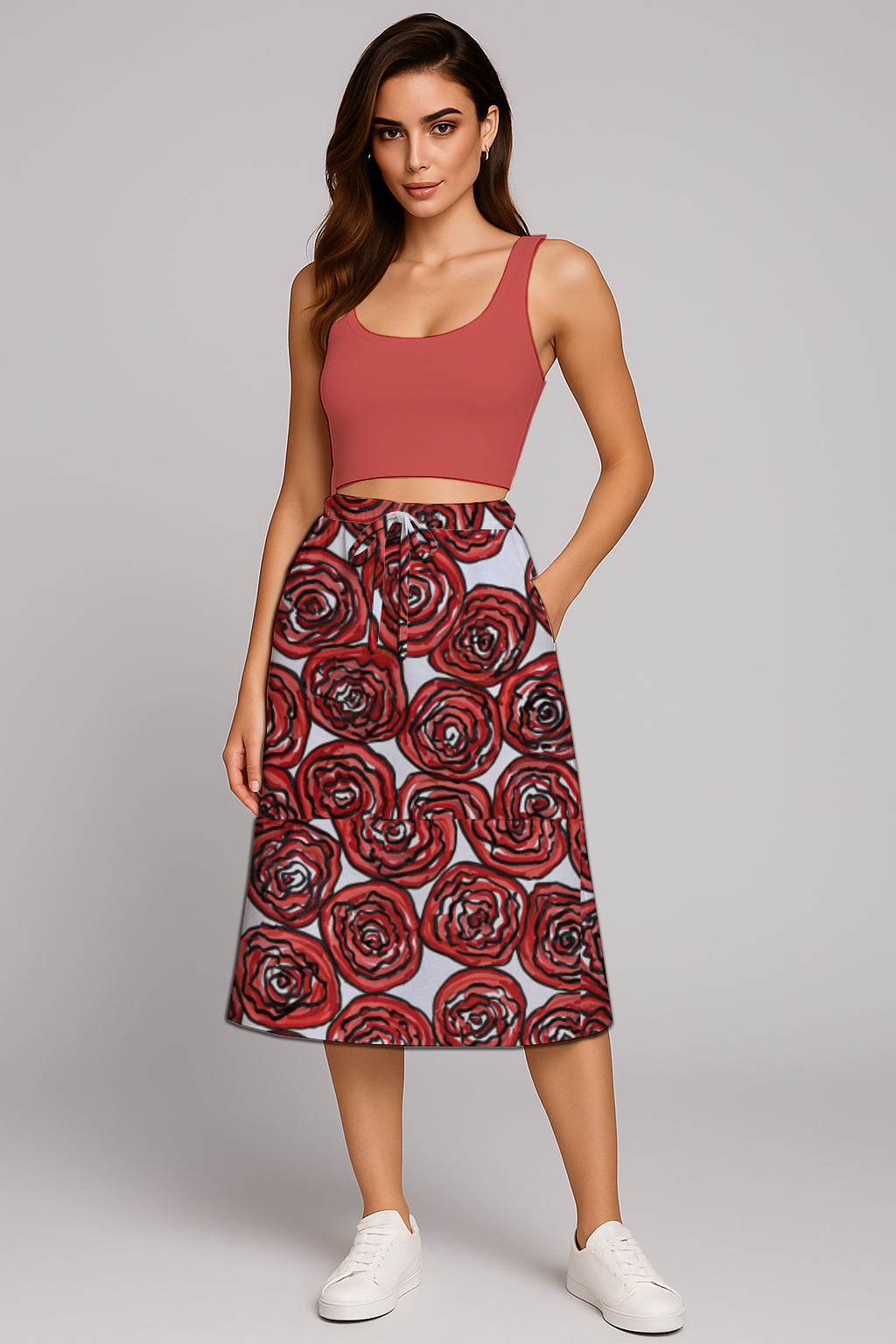 Drawstring Waist Midi Skirt – A-Line - with  Art Print -  Debbie Jubrail