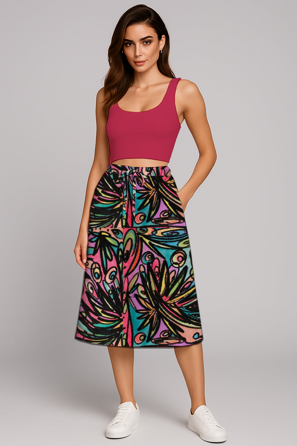 Drawstring Waist Midi Skirt – A-Line - with Art Print -  Debbie Jubrail
