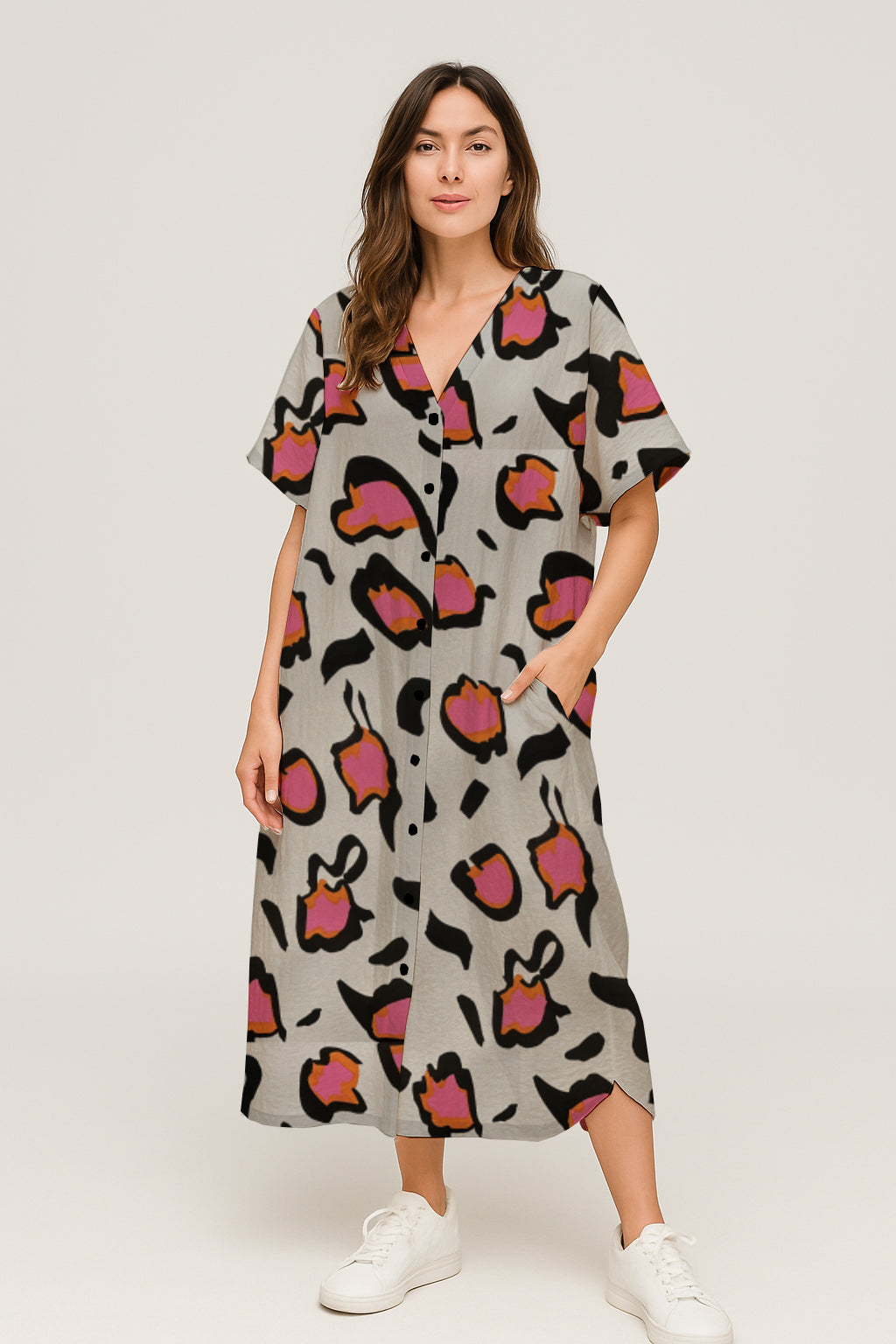 Short-Sleeve Button-Front V-Neck Midi Dress - Debbie Jubrail