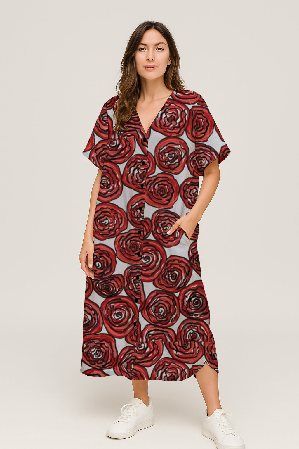 Short-Sleeve Button-Front V-Neck Midi Dress - Debbie Jubrail