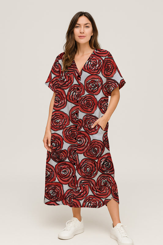 Short-Sleeve Button-Front V-Neck Midi Dress - Debbie Jubrail