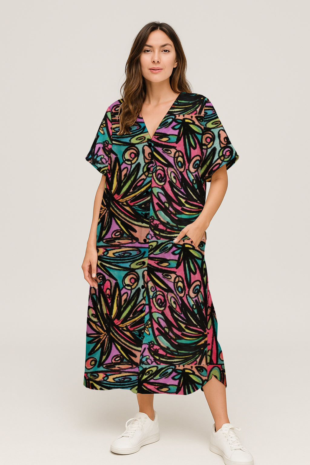 Short-Sleeve Button-Front V-Neck Midi Dress - Debbie Jubrail