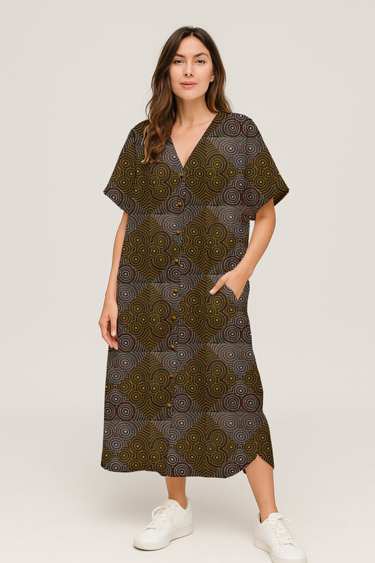 Short-Sleeve Button-Front V-Neck Midi Dress  with Aborginal Art Print-Zara Newell