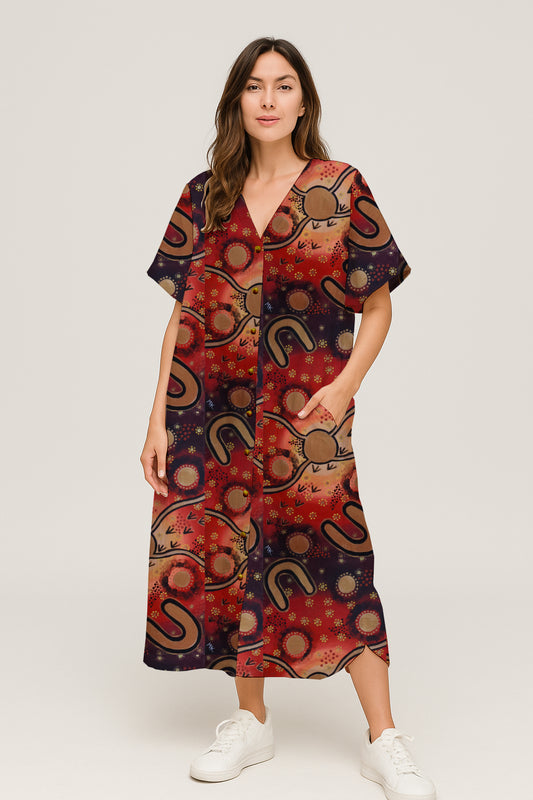 Short-Sleeve Button-Front V-Neck Midi Dress with Aborginal Art Print - Megan Kennedy