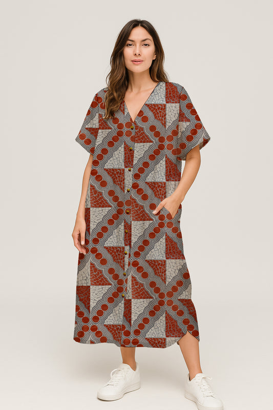 Short-Sleeve Button-Front V-Neck Midi Dress with Aborginal Art Print - Emily Mbitjana