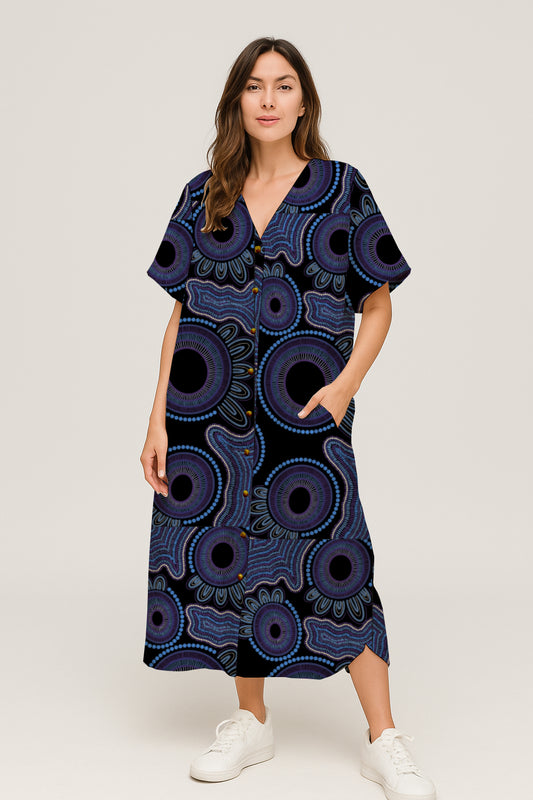Sleeve Button-Front V-Neck Midi Dress with Aborginal Art Print - Kara Karanfilovski