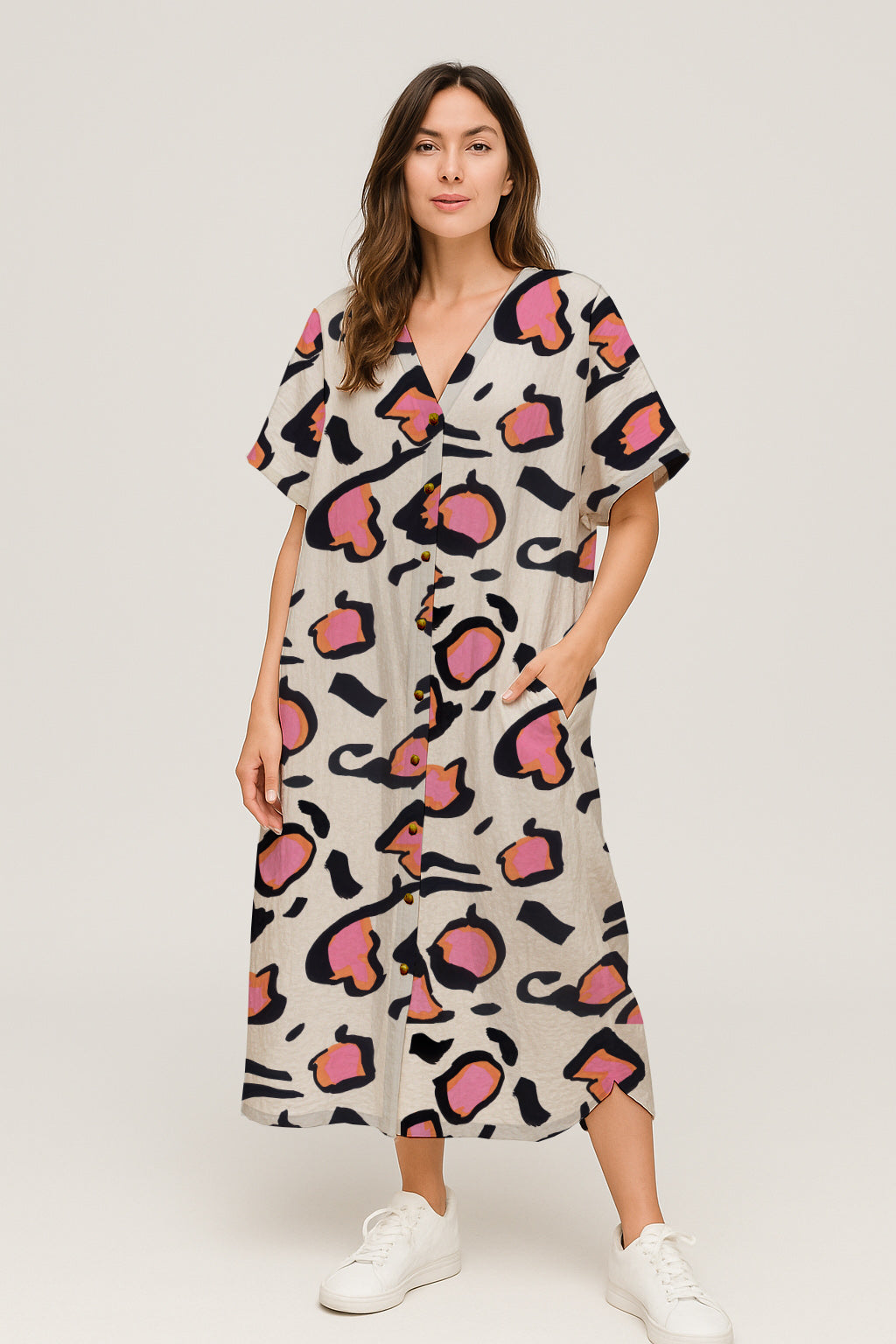 Short-Sleeve Button-Front V-Neck Midi Dress - Debbie Jubrail