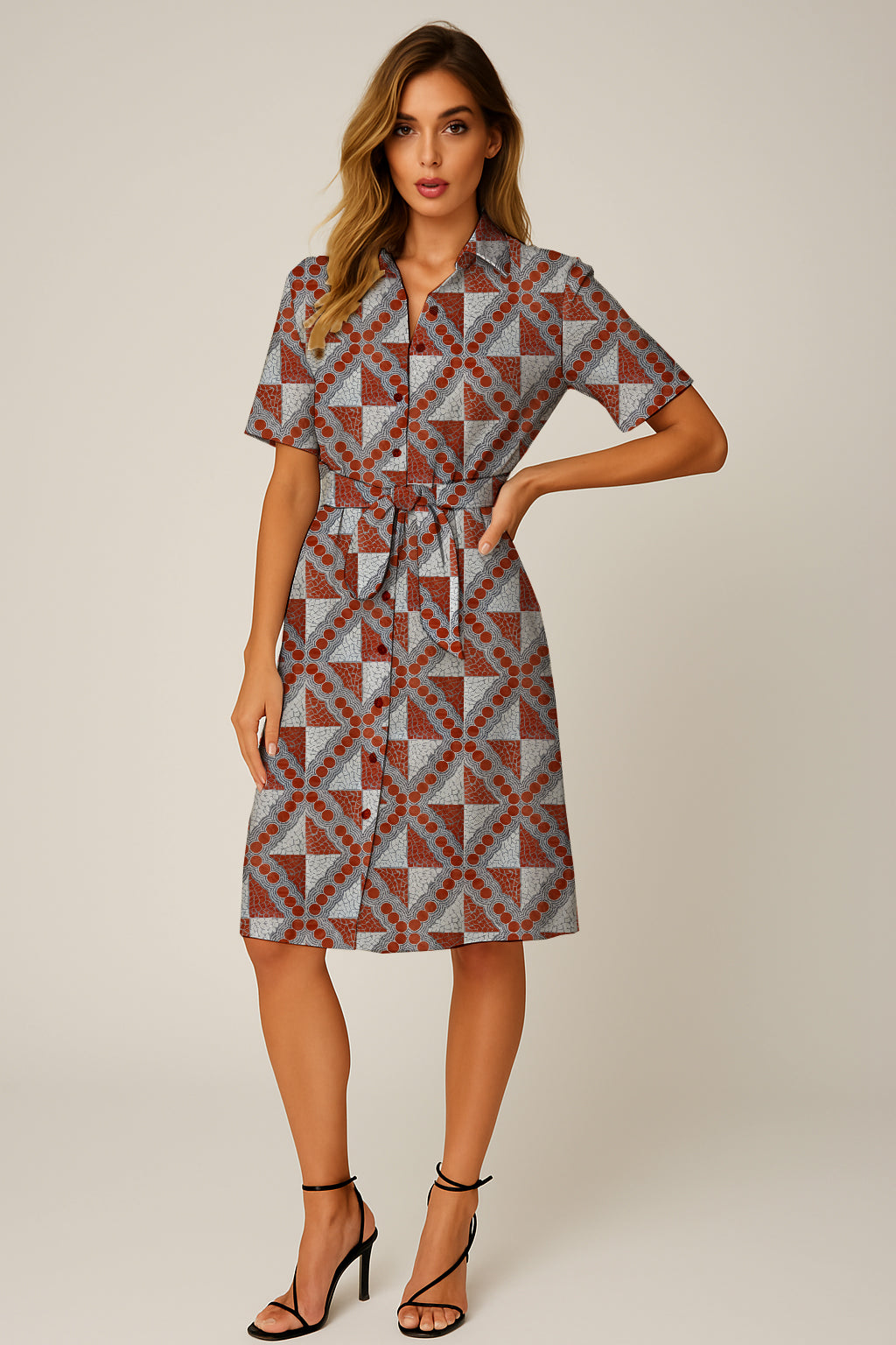 Short-Sleeve Button-Down Belted Dress with Aborginal Art Print -  Emily Mbitjana