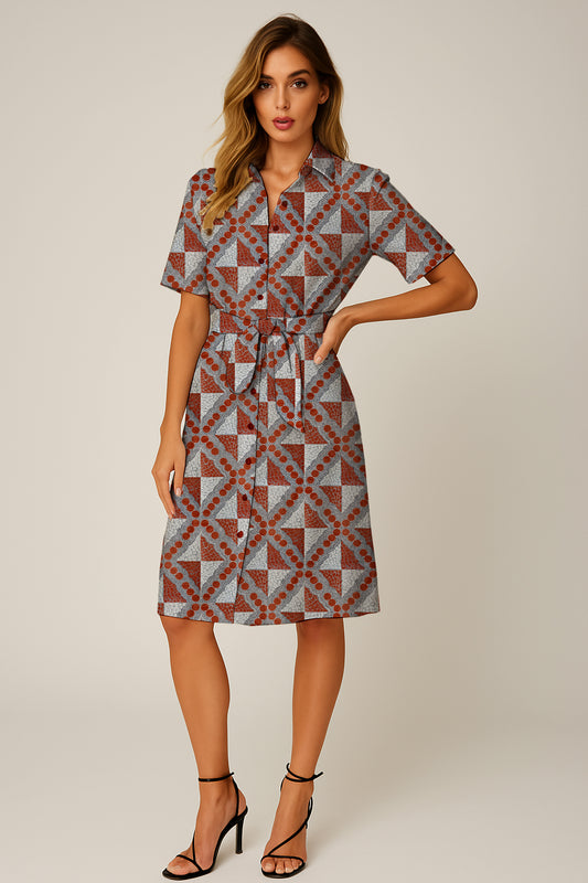 Short-Sleeve Button-Down Belted Dress with Aborginal Art Print -  Emily Mbitjana