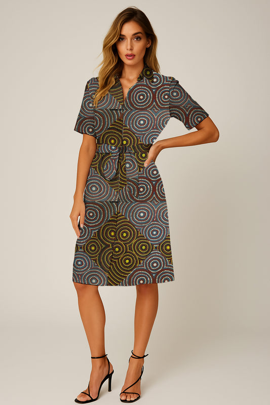 Short-Sleeve Button-Down Belted Dress with Aborginal Art Print -  Zara Newell
