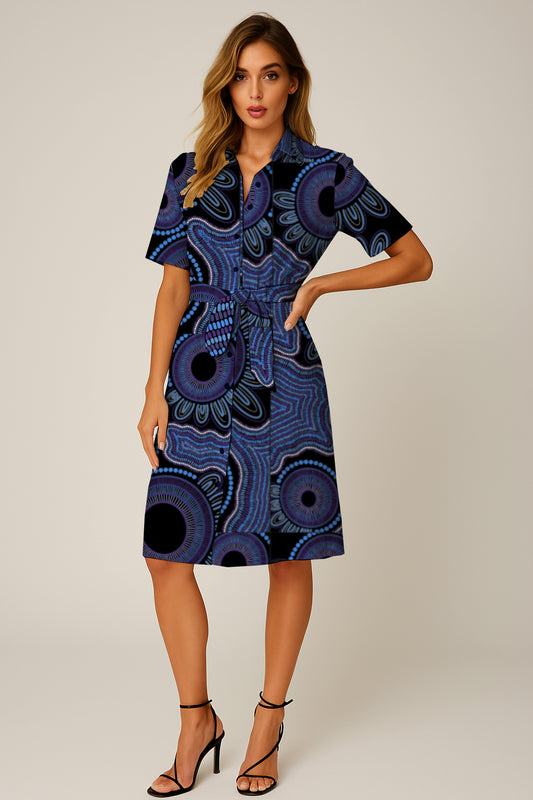 Short-Sleeve Button-Down Belted Dress with Aborginal Art Print -  Kara Karanfilovski