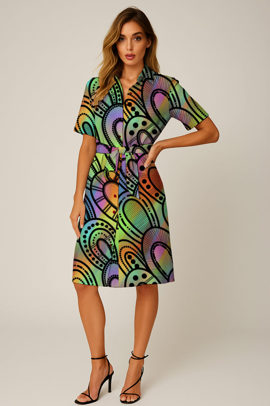 Short-Sleeve Button-Down Belted Dress with Aborginal Art Print -  Kara Karanfilovski