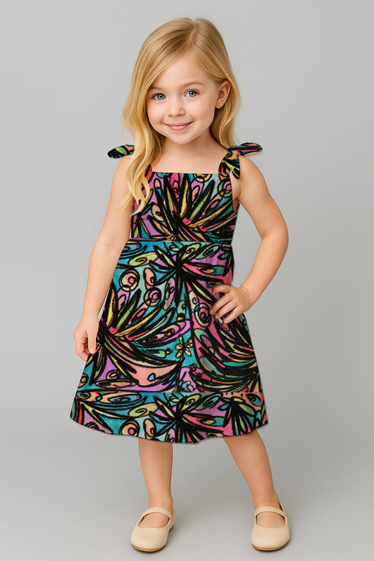 Girls' Tie-Shoulder A-Line Dress  with Art Print- Debbie Jubrail
