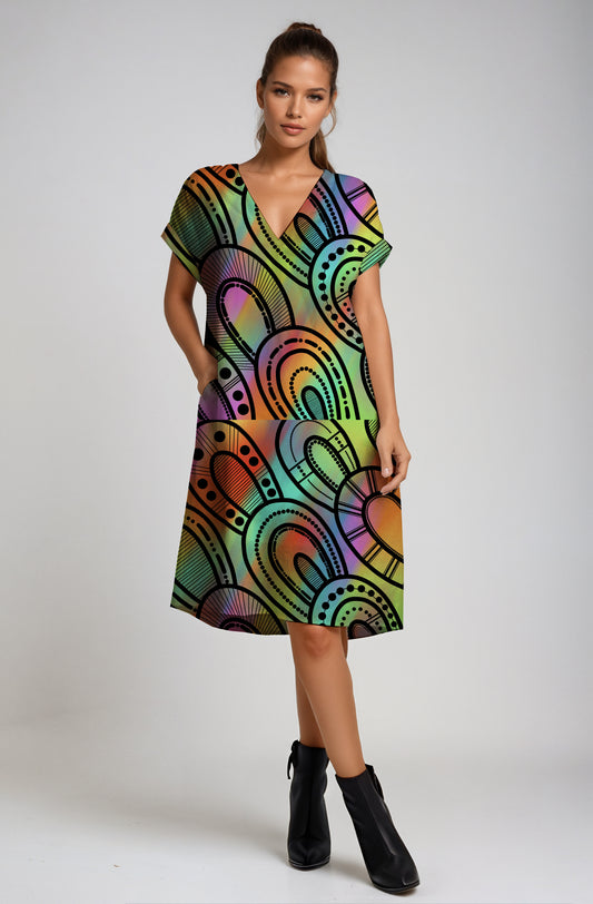 line V-neck Dress with Aborginal Art Print - Kara karanfilovski