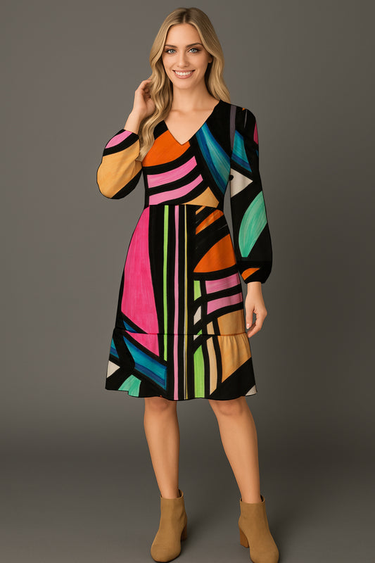 Long-Sleeve V-Neck Tiered Midi Dress -Debbie Jubrail