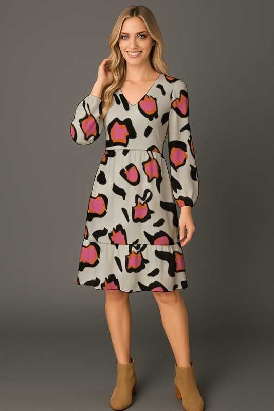 Long-Sleeve V-Neck Tiered Midi Dress -Debbie Jubrail