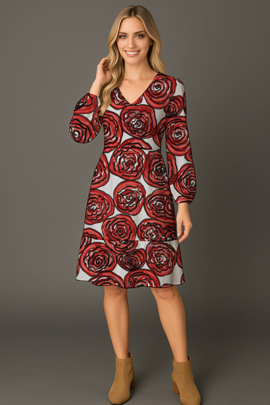 Long-Sleeve V-Neck Tiered Midi Dress -Debbie Jubrail