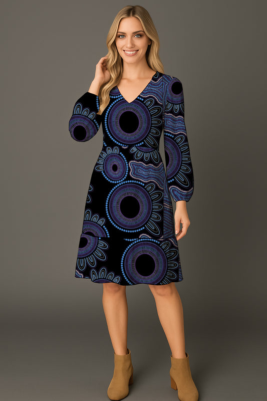 Long-Sleeve V-Neck Tiered Midi Dress with Aborginal Art Print -   Kara Karanfilovski