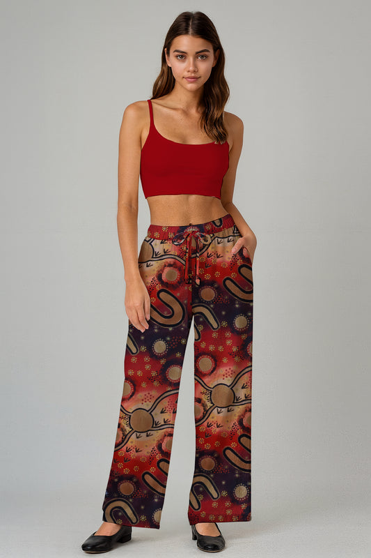 Art Loose fit Pants with Aborginal Art Print - Megan Kennedy