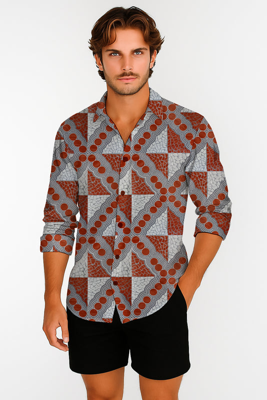 Long Sleeve Button-Up Shirt  – with Aborginal Art Print - Emily Mbitjana