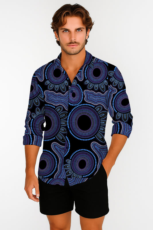 Long Sleeve Button-Up Shirt  – with Aborginal Art Print - Kara Karanfilovski