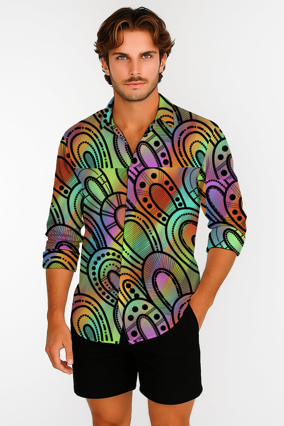 Long Sleeve Button-Up Shirt  – with Aborginal  Art Print -Kara Karanfilovski
