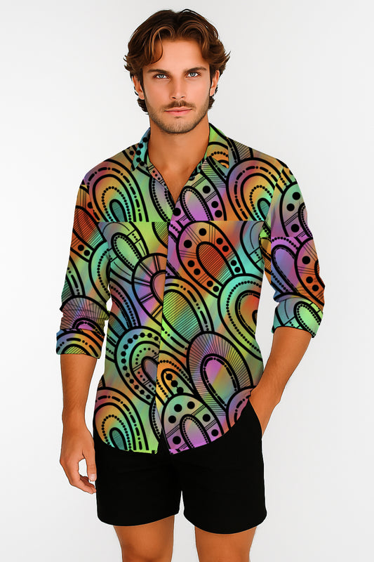 Long Sleeve Button-Up Shirt  – with Aborginal  Art Print -Kara Karanfilovski