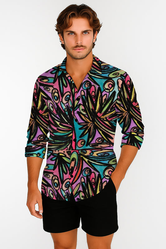 Long Sleeve Button-Up Shirt  – with Art Print -Debbie Jubrail