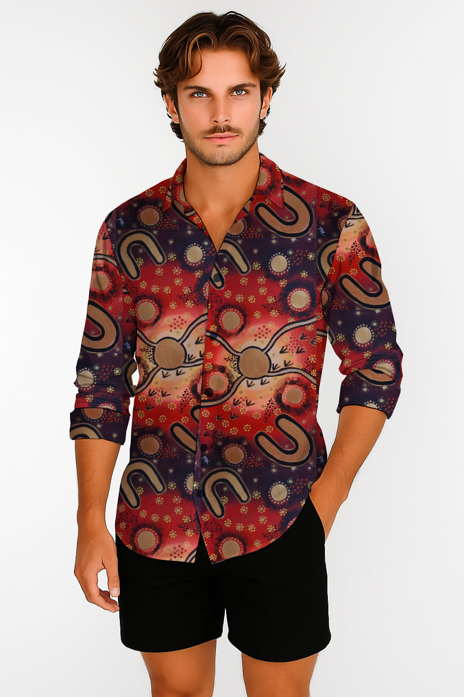 Long Sleeve Button-Up Shirt  – with Aborginal Art Print - Megan Kennedy