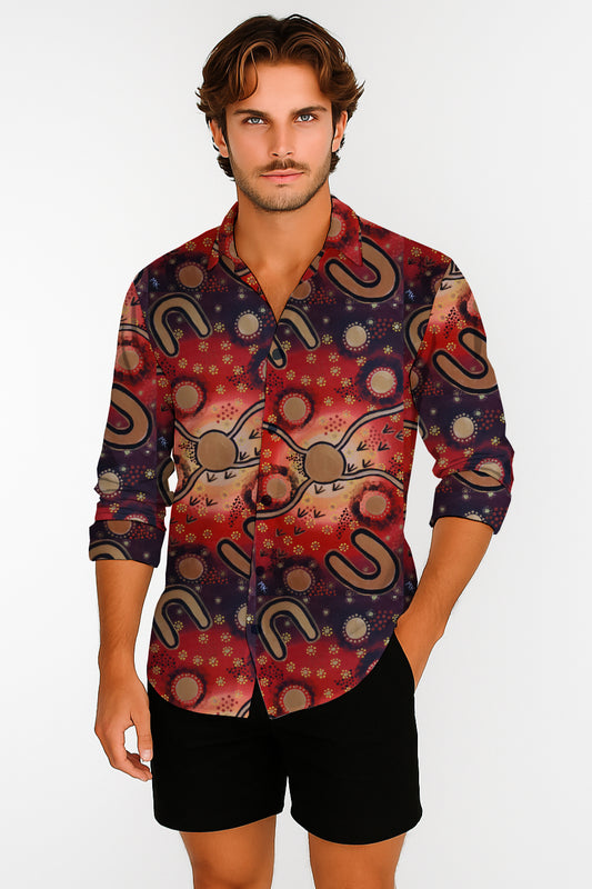 Long Sleeve Button-Up Shirt  – with Aborginal Art Print - Megan Kennedy