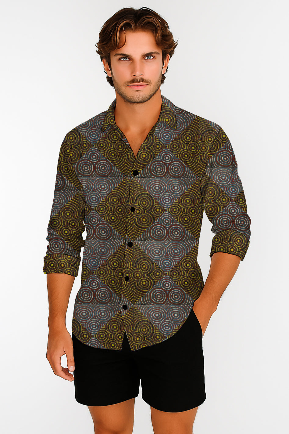 Long Sleeve Button-Up Shirt  – with Aborginal Art Print - Zara Newell