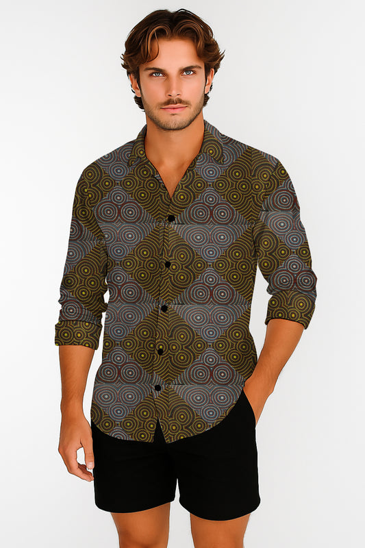 Long Sleeve Button-Up Shirt  – with Aborginal Art Print - Zara Newell