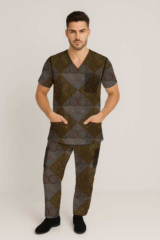 Men’s Scrub Set - Top and Pants with Aborginal Art Print -Zara Newell