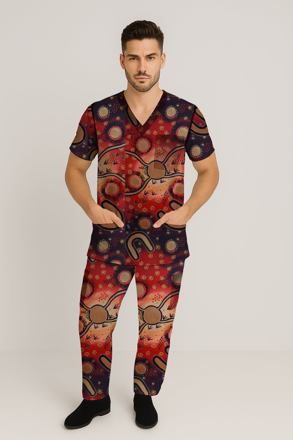 Men’s Scrub Set - Top and Pants with Aborginal Art Print -Megan Kennedy
