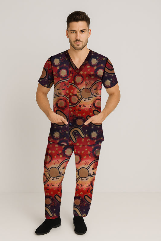 Men’s Scrub Set - Top and Pants with Aborginal Art Print -Megan Kennedy